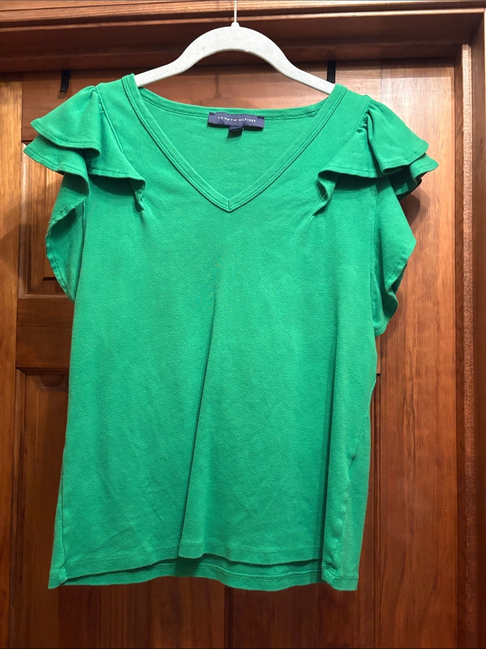 Tommy Hilfiger Bright Green V-Neck Ruffle Sleeve Tee